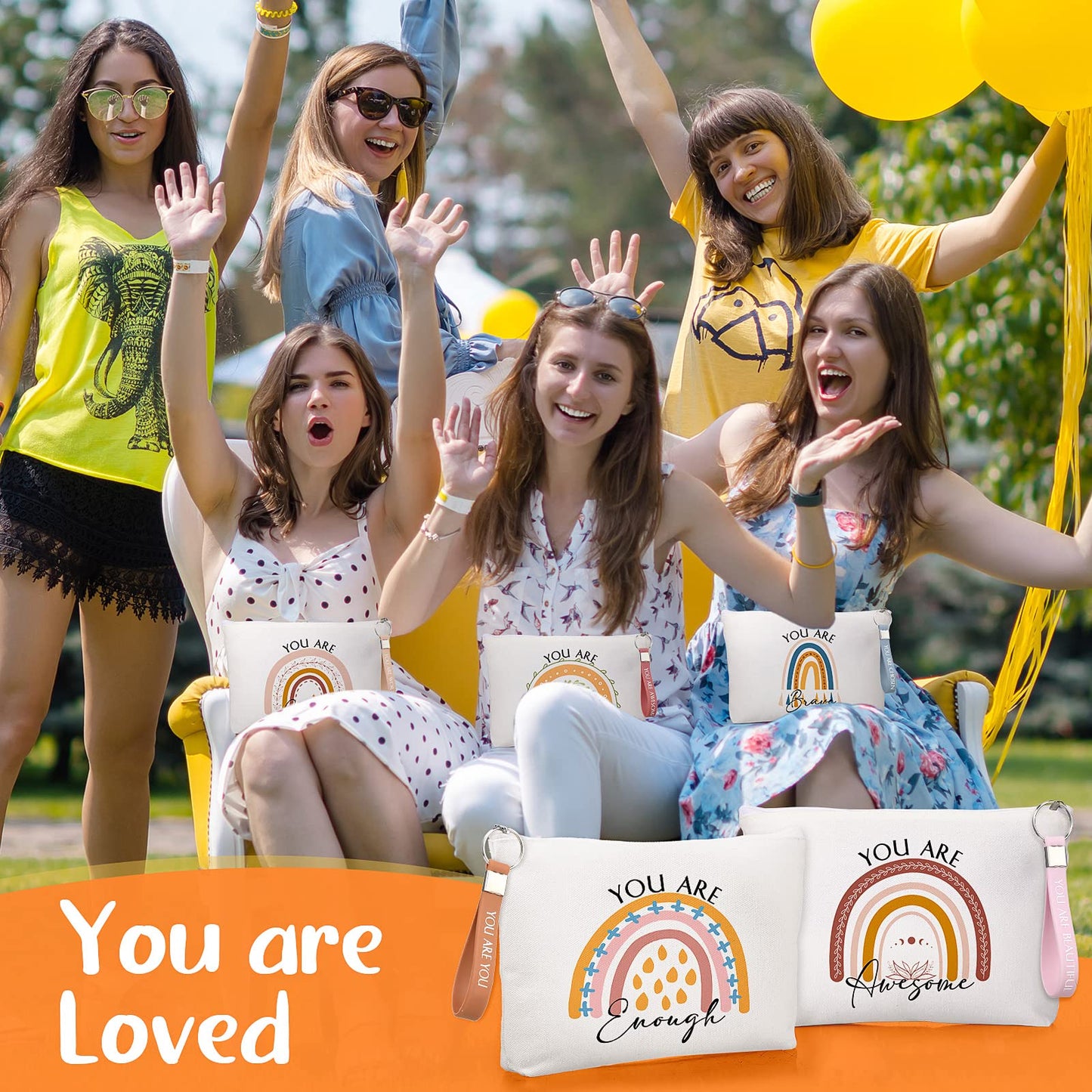 Fumete 60 Pcs Back to School Gift Bulk 30 Inspirational Rainbow Canvas Makeup Bag 30 Motivational Keychain Thank You Gift for Women Men Volunteer Nurse Teacher Appreciation Gifts