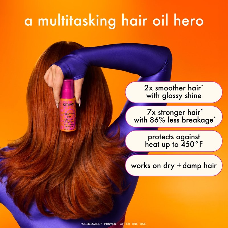 amika superfruit star lightweight hair styling + heat defense oil, 1.7oz | heat protection, strengthen + reduce breakage, smooth frizz, add glossy shine