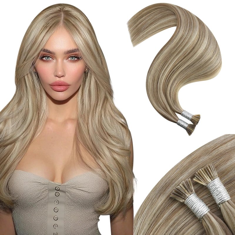 Moresoo I Tip Hair Extensions Human Hair Light Brown with Platinum Blonde Highlight Itip Human Hair Extensions Brown I Tip Extensions Real Human Hair for Women 40G/50S 20 Inch
