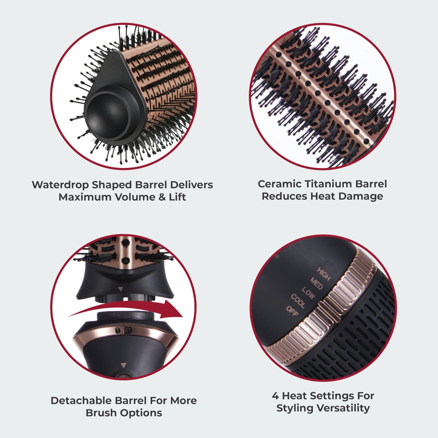 Kiss Volume & Style Boosting 2-in-1 Air Brush, Interchangeable Ceramic Waterdrop & 1.5” Round Brush Head, Maximum Root Boosting Hair Dryer, 4 Heat Settings, Tangle-Free Bristles, 360° Swivel Cord