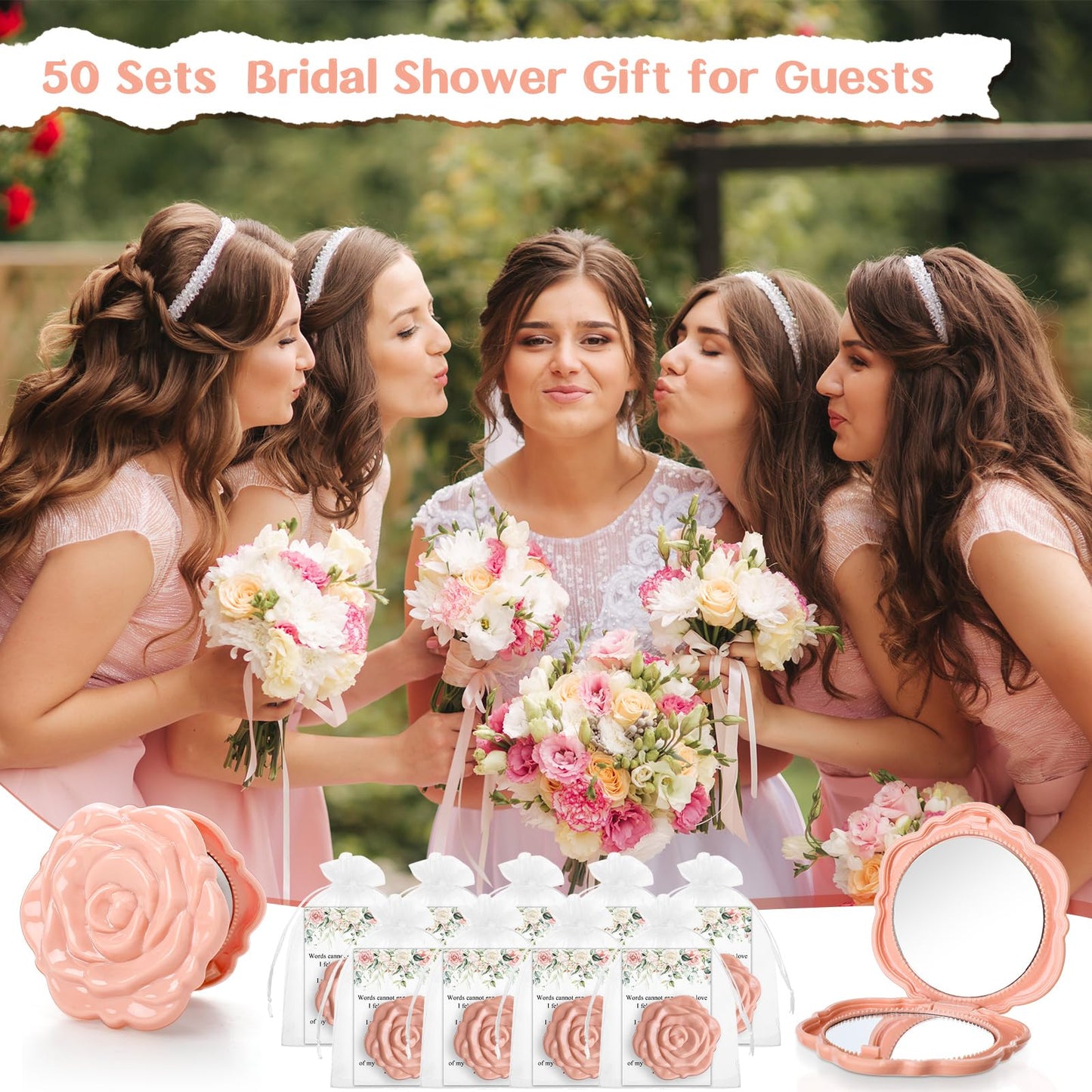 FoldTier 50 Sets Bridal Shower Party Favors for Guests Small Rose Compact Mirror Bulk Wedding Favors Thank You Cards and Organza Bags Wedding Party Guests Souvenir Gift (Pink Champagne)