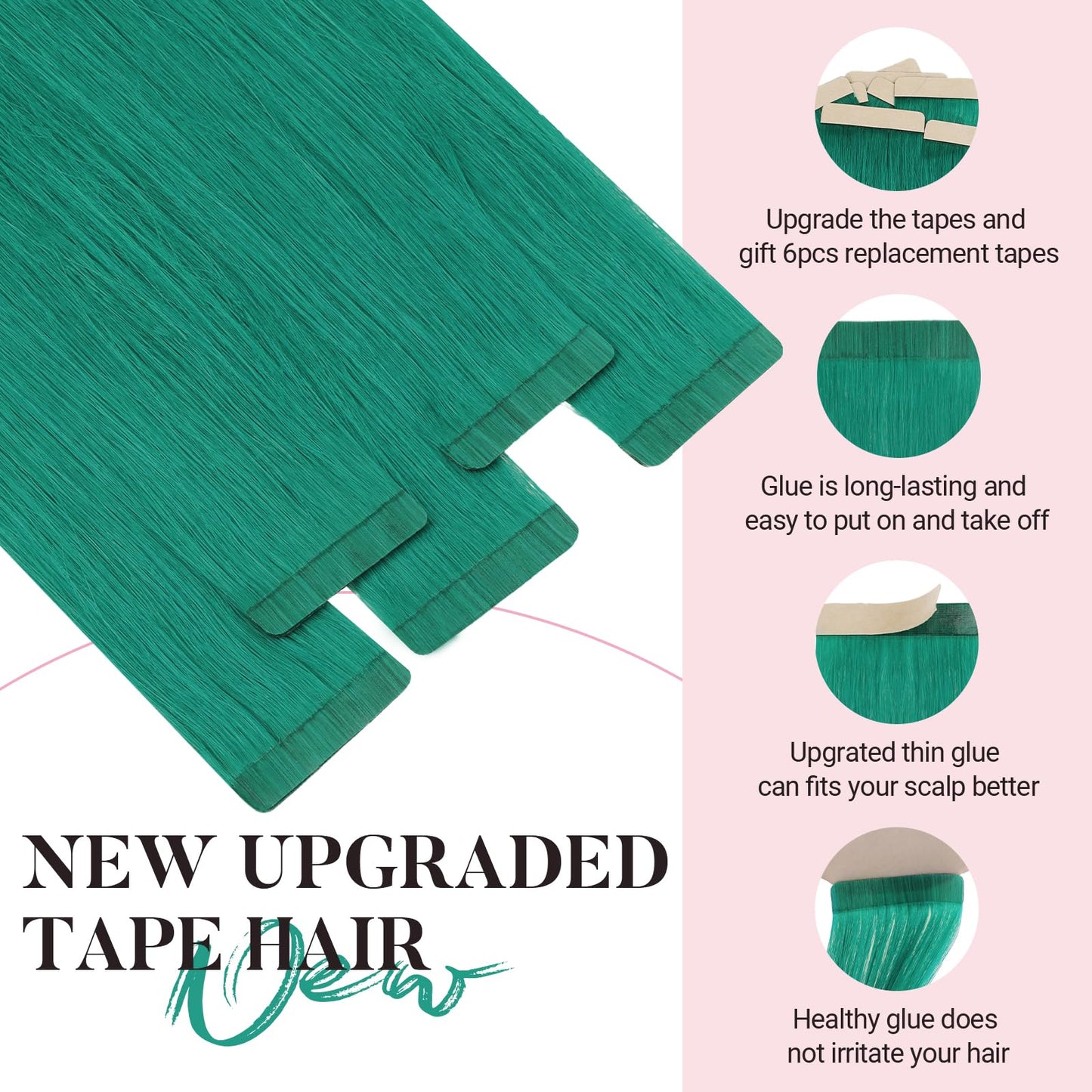 MAXITA Tape in Hair Extensions Human Hair Green Tape in Extensions 20 Inch 10pcs 30g Remy Invisible Silky Straight Colored Soft Real Human Hair