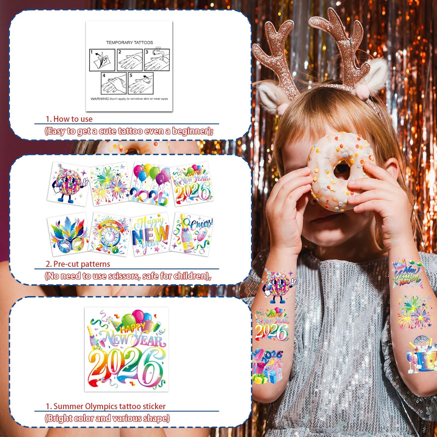 HOWAF 40pcs Happy New Year 2026 Temporary Tattoos, 2026 NYE Party Favors Tattoos Stickers,New Year Face Tattoos for Happy New Year Eve Party Decorations,New Years Firework Temporary Tattoos