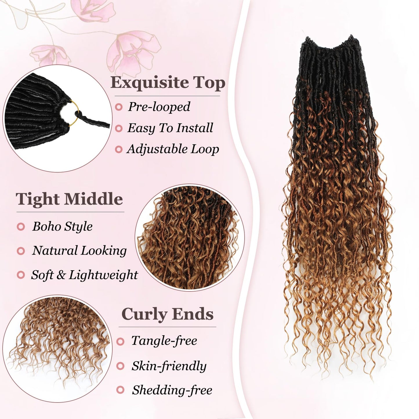 Haftaluv Boho Faux Locs Crochet Hair 9 Packs Long Goddess locs 24 Inch Boho Soft Locs With Curly Ends Pre Looped Bohemian River Loc Crochet Hair For Women (24 inch,1B/30/27)