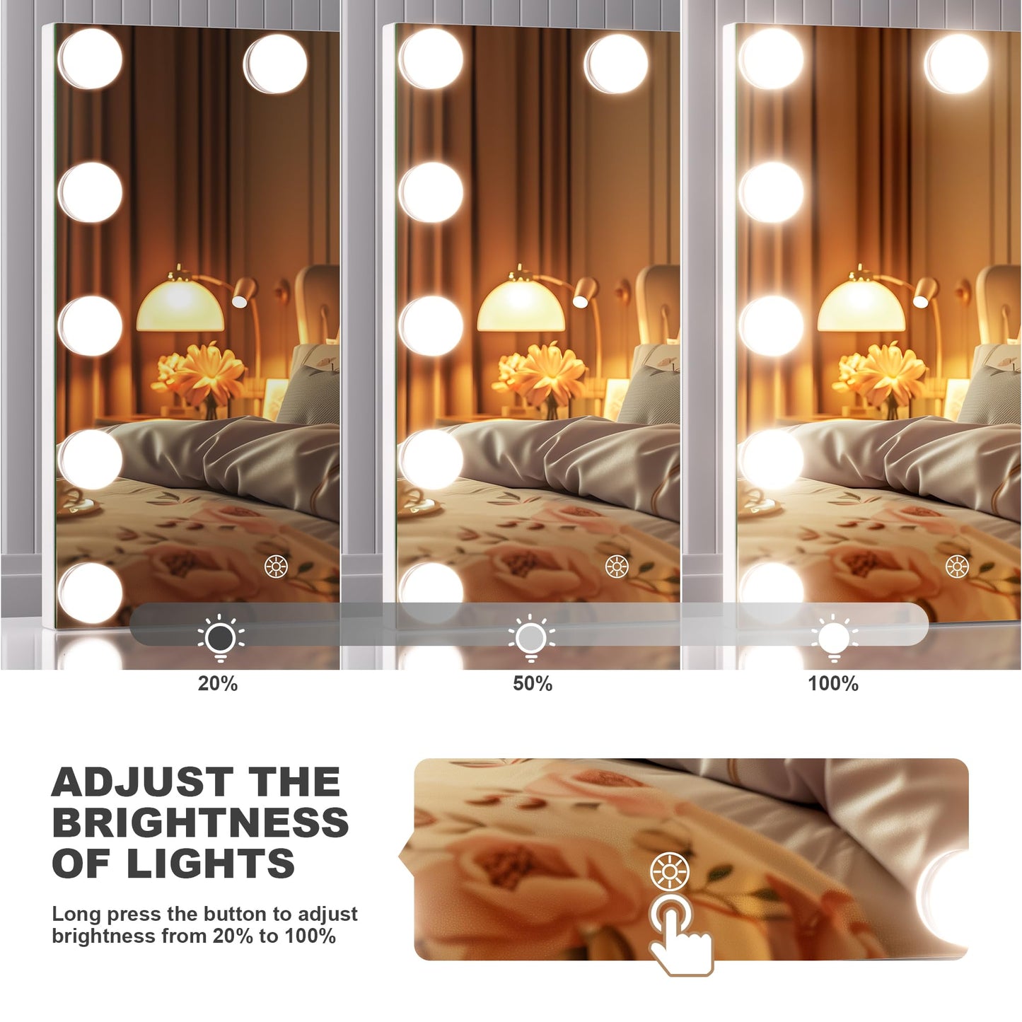 Hasipu Vanity Mirror with Lights - 11" x14”Hollywood Makeup Mirror with 11 Dimmable LED Bulbs, 10X Magnification, 3 Color Modes, Touch Control & USB Port, 360° Rotation