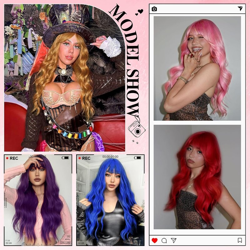 NOSTALGIA Blue Wigs for Women - 26 Inch Long Wavy Synthetic Wig with Bangs | Heat Resistant for Daily Cosplay