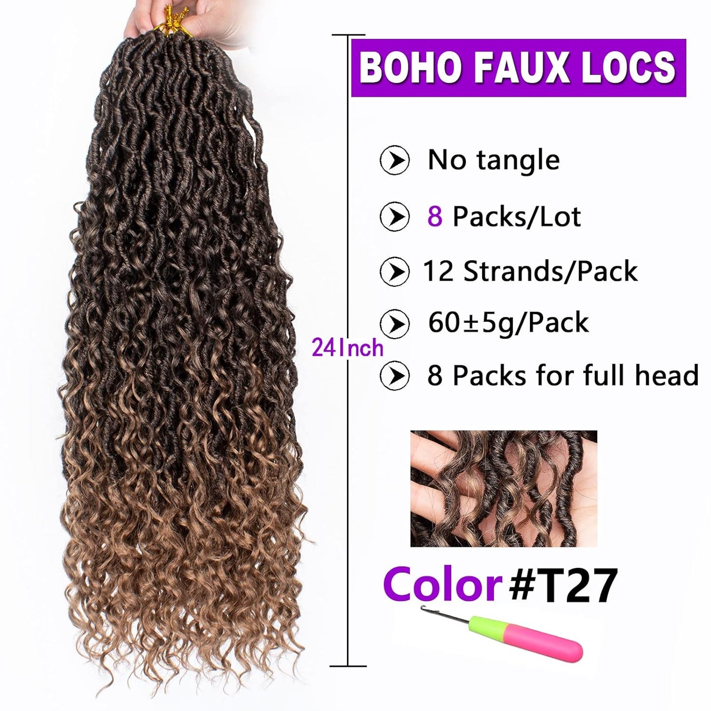 Boho Faux Locs Crochet Hair - 24 Inch Ombre Goddess Locs | 8 Packs Curly Ends Hair Extensions T27#