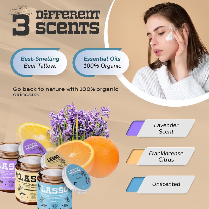 LASSO - Frankincense Citrus Beef Tallow and Manuka Honey Balm – Face Moisturizer with Organic Beeswax – Grass-Fed/Finished Tallow Skincare – Frankincense Glow Balm