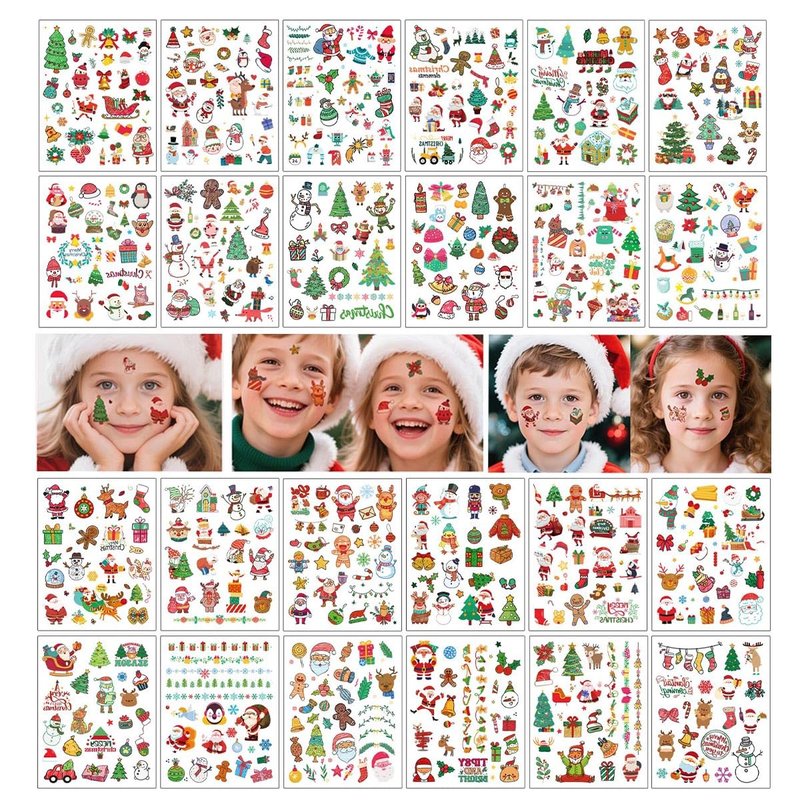 24sheets Christmas Face Temporary Tattoos Christmas Accessories Holiday Makeup Tattoo Stickers Santa Trees Snowman Deer Stocking Stuffers Party Favors for Arm Body Makeup Decals