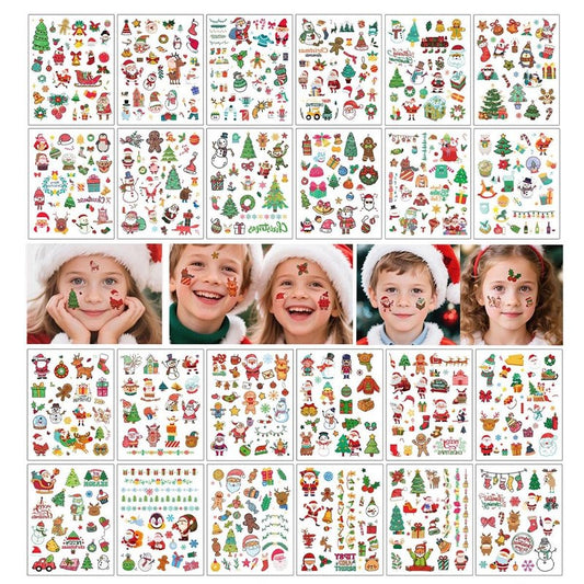 24sheets Christmas Face Temporary Tattoos Christmas Accessories Holiday Makeup Tattoo Stickers Santa Trees Snowman Deer Stocking Stuffers Party Favors for Arm Body Makeup Decals