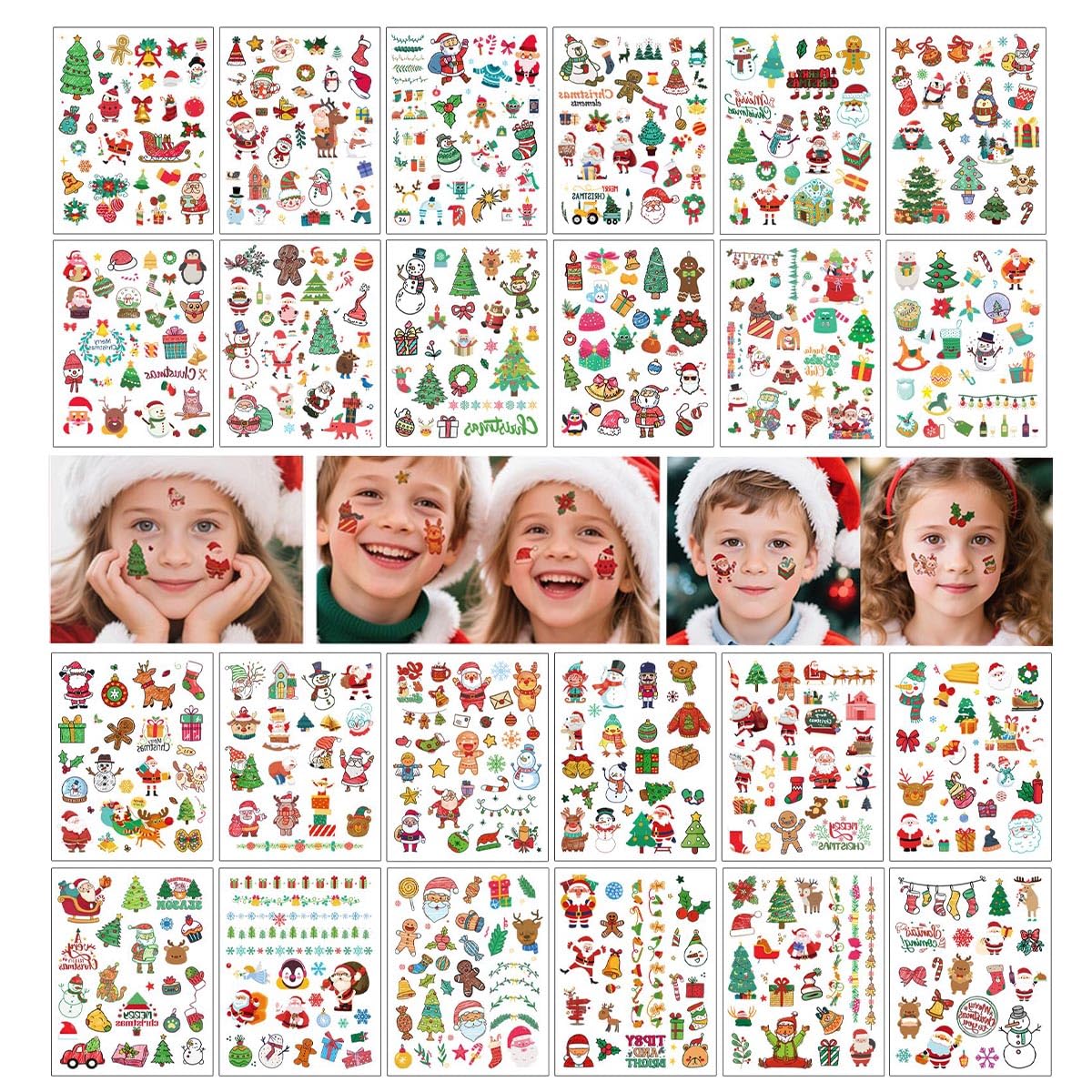 24sheets Christmas Face Temporary Tattoos Christmas Accessories Holiday Makeup Tattoo Stickers Santa Trees Snowman Deer Stocking Stuffers Party Favors for Arm Body Makeup Decals