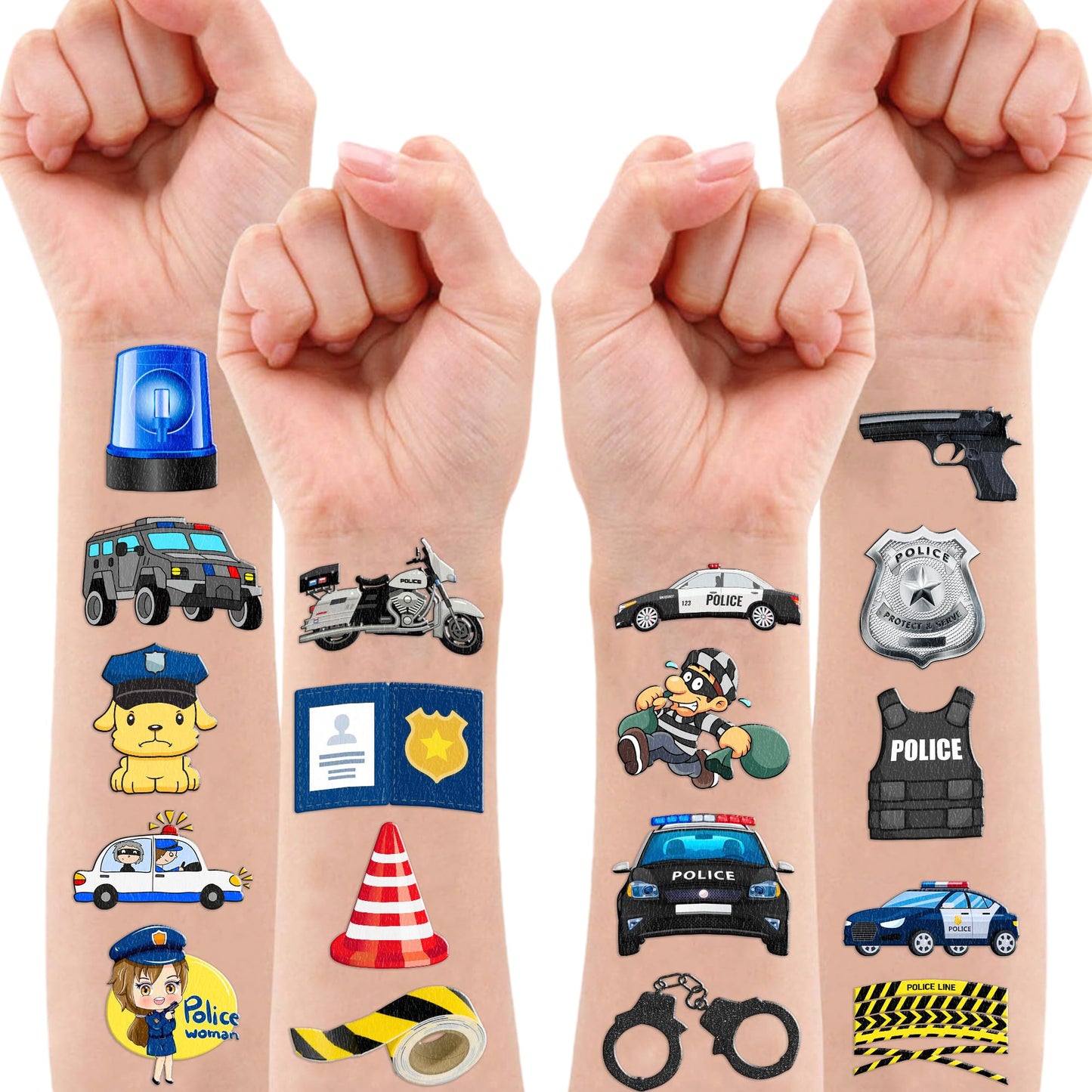 96 PCS Police Officer Temporary Tattoos for Kids - 8 Sheets Cute Cop