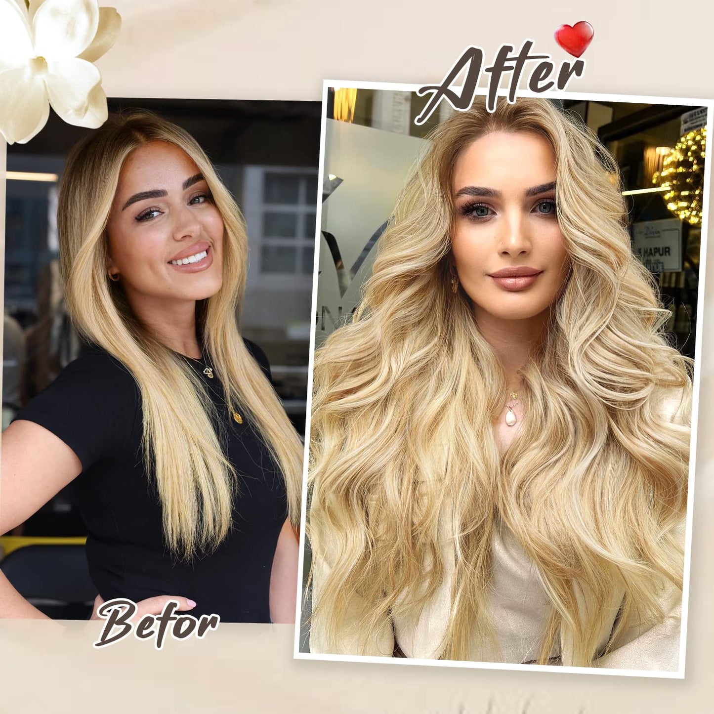 Nnzes Clip in Long Wavy Hair Extension 4PCS Thick Hairpieces Double Weft 20 Inch Synthetic Blonde mix Bleach Blonde Hair Extension for Women