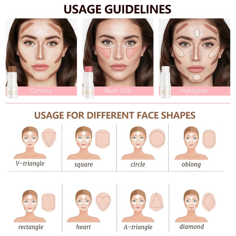 3Pc Cream Contour Stick Makeup, Hightlighter Makeup + Bronzer Stick + Cream Blush, Waterproof Cream Contouring Pen Non Stick Non Greasy Long Lasting Lightweight Face Makeup Kit,Fair-Light