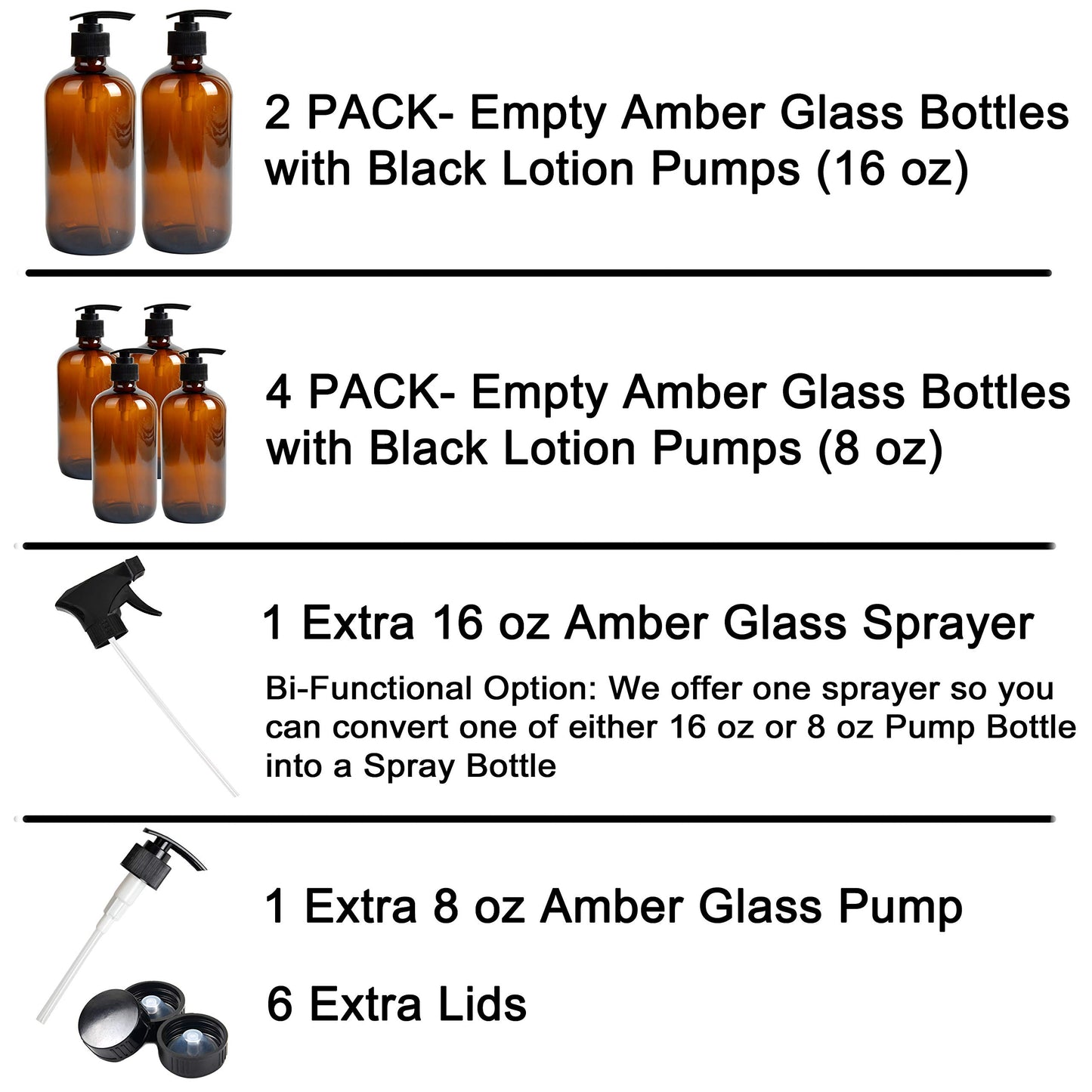 Youngever 6 Pack Empty Glass Pump Bottles, 2 Pack 16 Ounce and 4 Pack 8 Ounce Pump Bottles, Soap Dispenser, Refillable Containers (Blue)