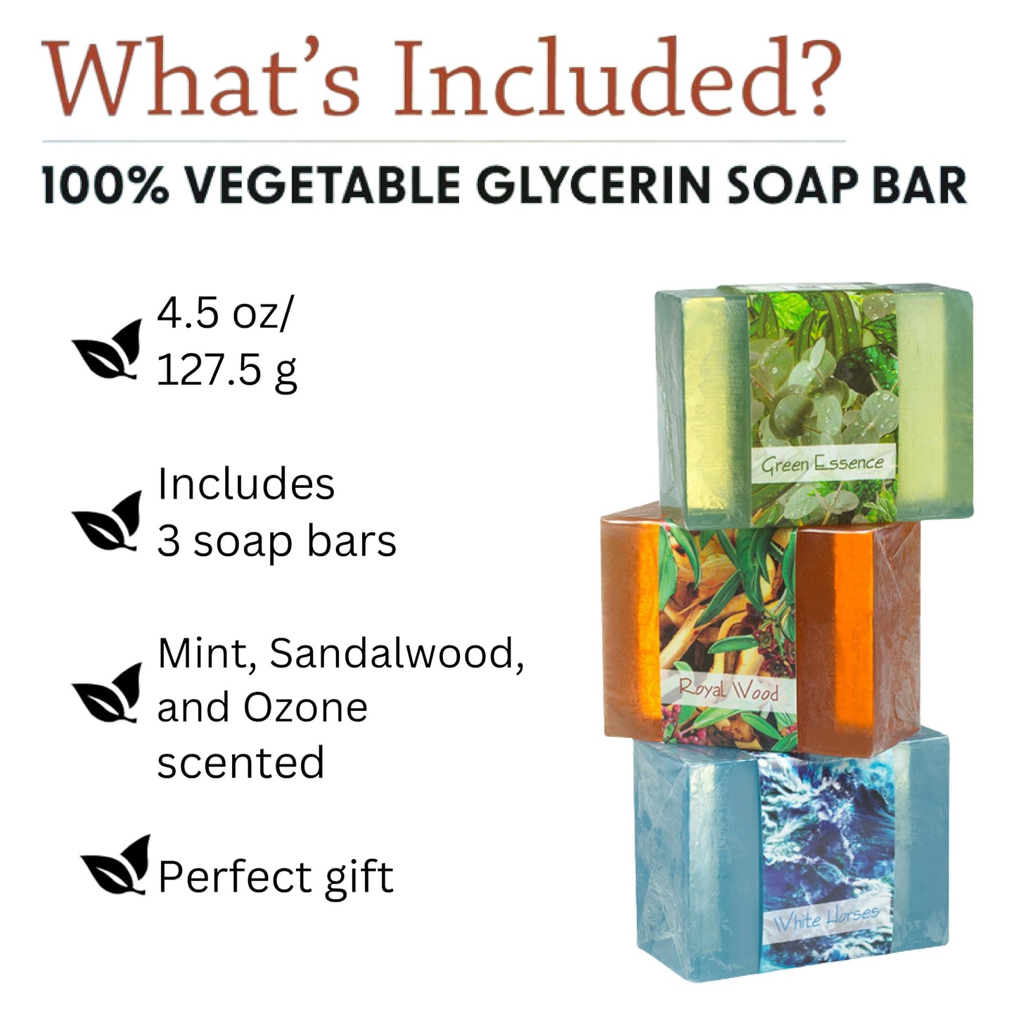 Nabila K Elements Glycerin Bar Soap Set of 3 | Green Essence, Royal Wood & White Horses | Natural, Vegan, Hypoallergenic | 100% Vegetable Glycerin, Sulfate-Free | 4.5 oz Each
