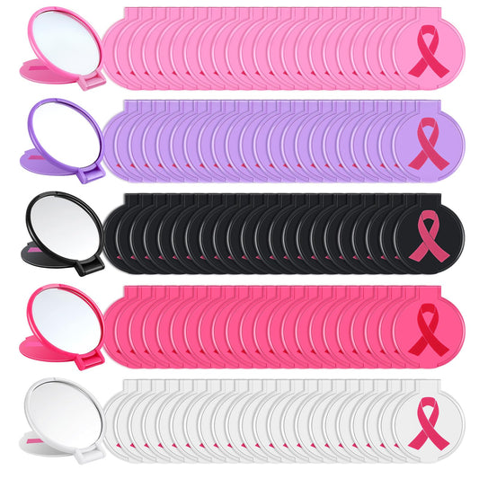 clothmile 100 Sets Breast Cancer Awareness Gifts Include 50 Pink Ribbon Mini Folding Makeup Mirrors 50 Pink Cards 50 OPP Bags for Girls Women Survivor Party Favors Supplies