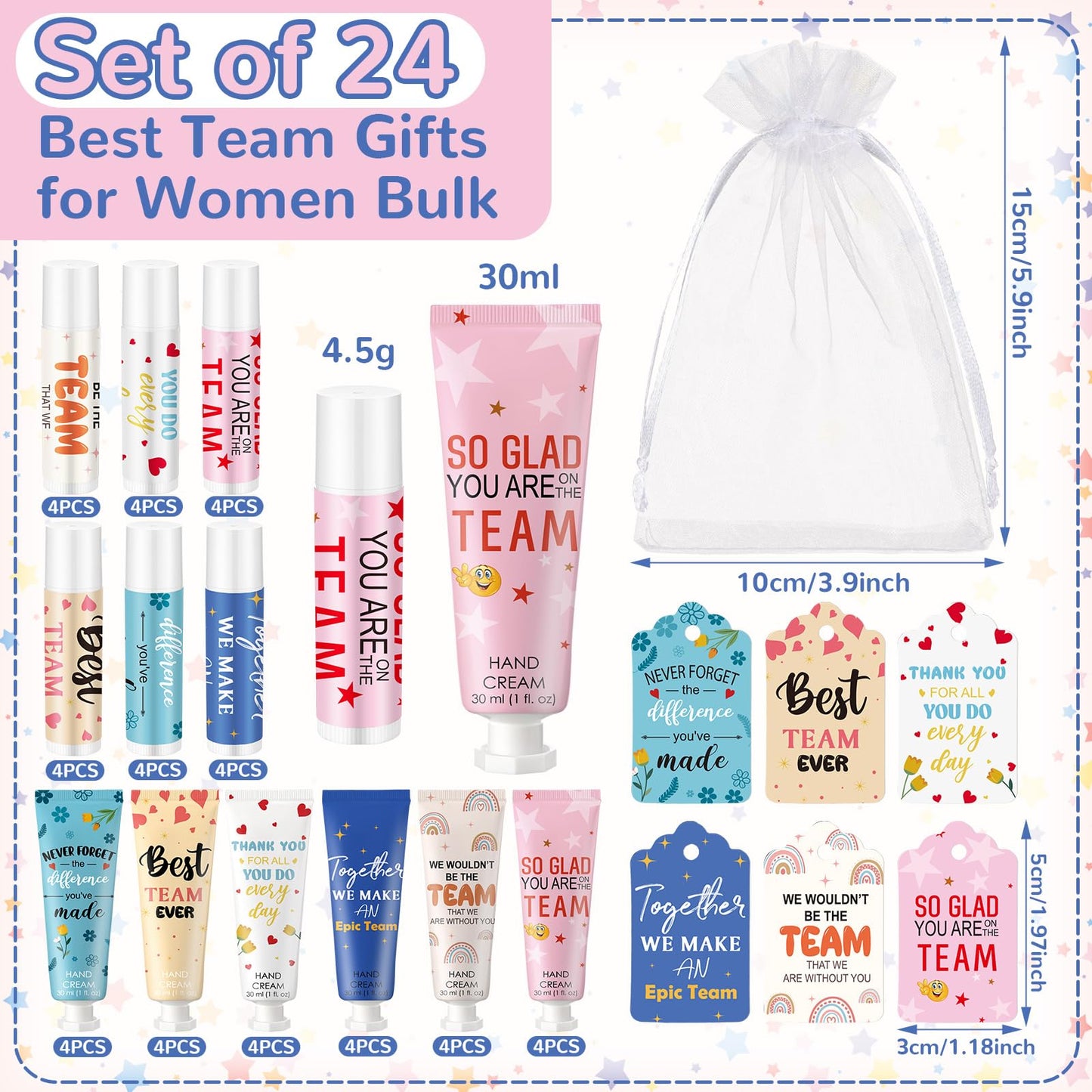 Dansib 24set/96pcs Best Team Ever Gifts Team Appreciation Thank You Gifts for Coworkers Women Employee Appreciation Gift Party Favors Basket Stuffers Items Travel Hand Lotion and Lip Balm Set