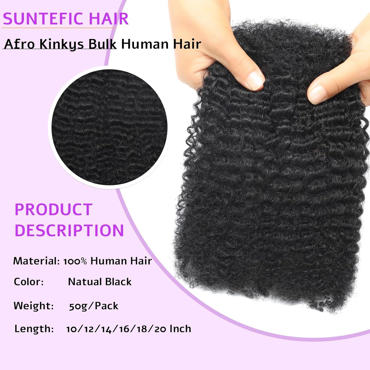 Afro Kinky-Curly Human Hair Bundles - 50g Braiding Extensions for Mini Twists & Dreadlocks | 1B, 16 Inch