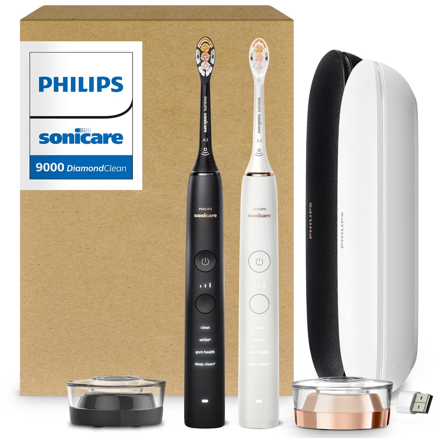Philips Sonicare DiamondClean Connected Electric Toothbrush 2 Pack, x2 Sonic Toothbrushes, x2 Charging Travel Cases, x2 A3 Brush Heads, 12 Brushing Settings