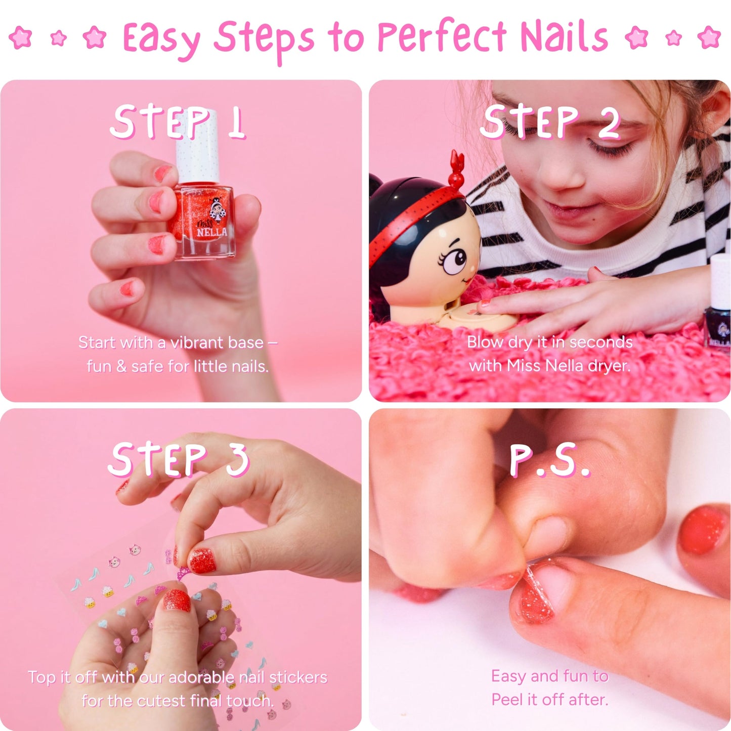 MISS NELLA Christmas Glitters Special Glitter Kids Nail Polish 6 Pack: red, pink, silver, green, blue and burgundy Peel-off Water Based Formula