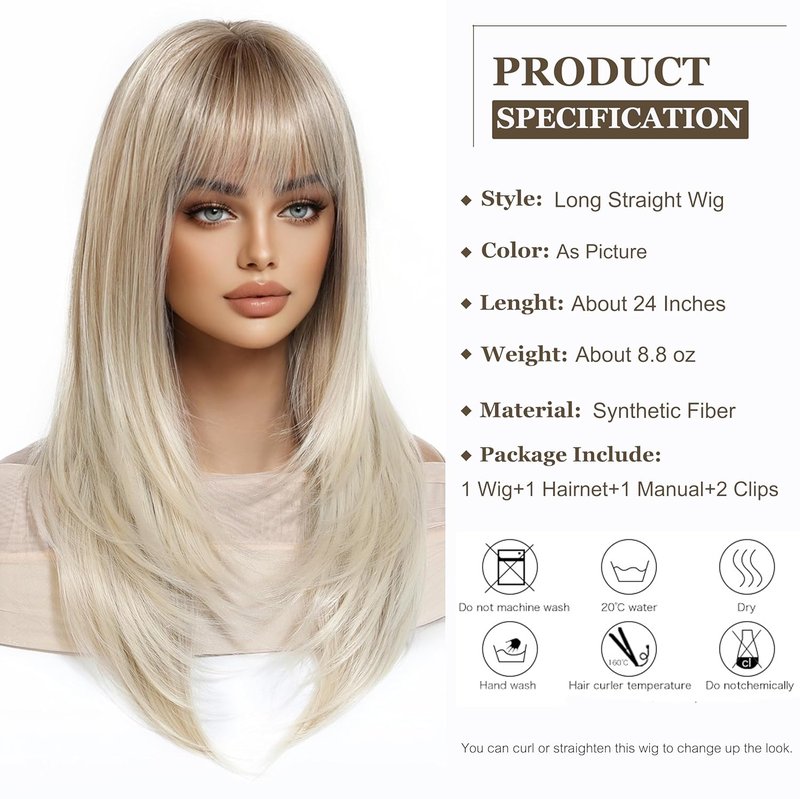 Long Straight Blonde Wig for Women - Ombre Synthetic Hair with Fringe | Perfect for Daily & Party Wear