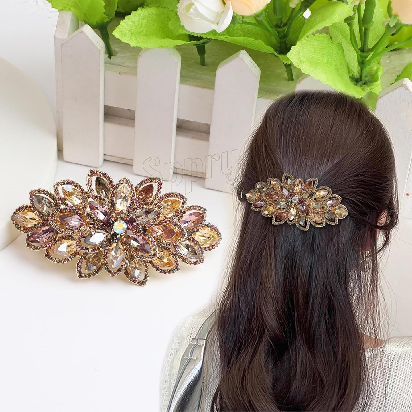 Rhinestone Hair Barrette - Luxury Gold-Plated Large Flower Design | Colorful Women's Hair Accessory