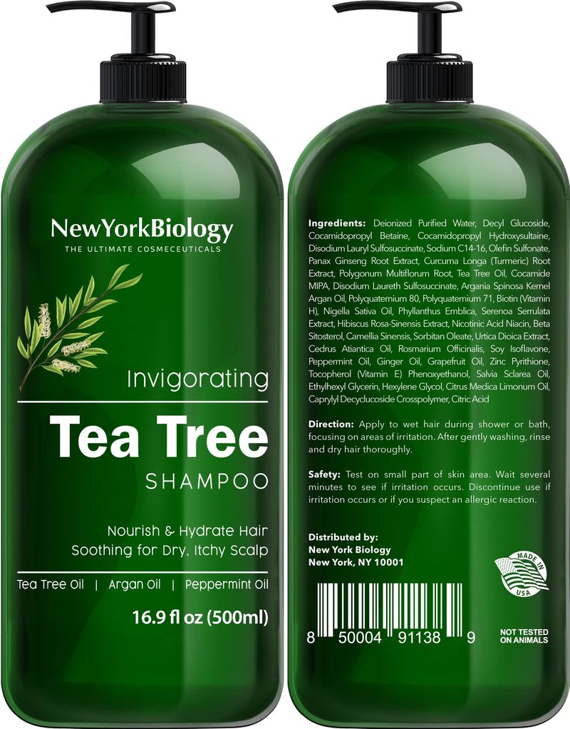 New York Biology Tea Tree Shampoo and Conditioner Set - Deep Cleanser - Relief for Dandruff and Dry Itchy Scalp - Therapeutic Grade - Helps Promote Hair Growth - 16.9 Fl Oz