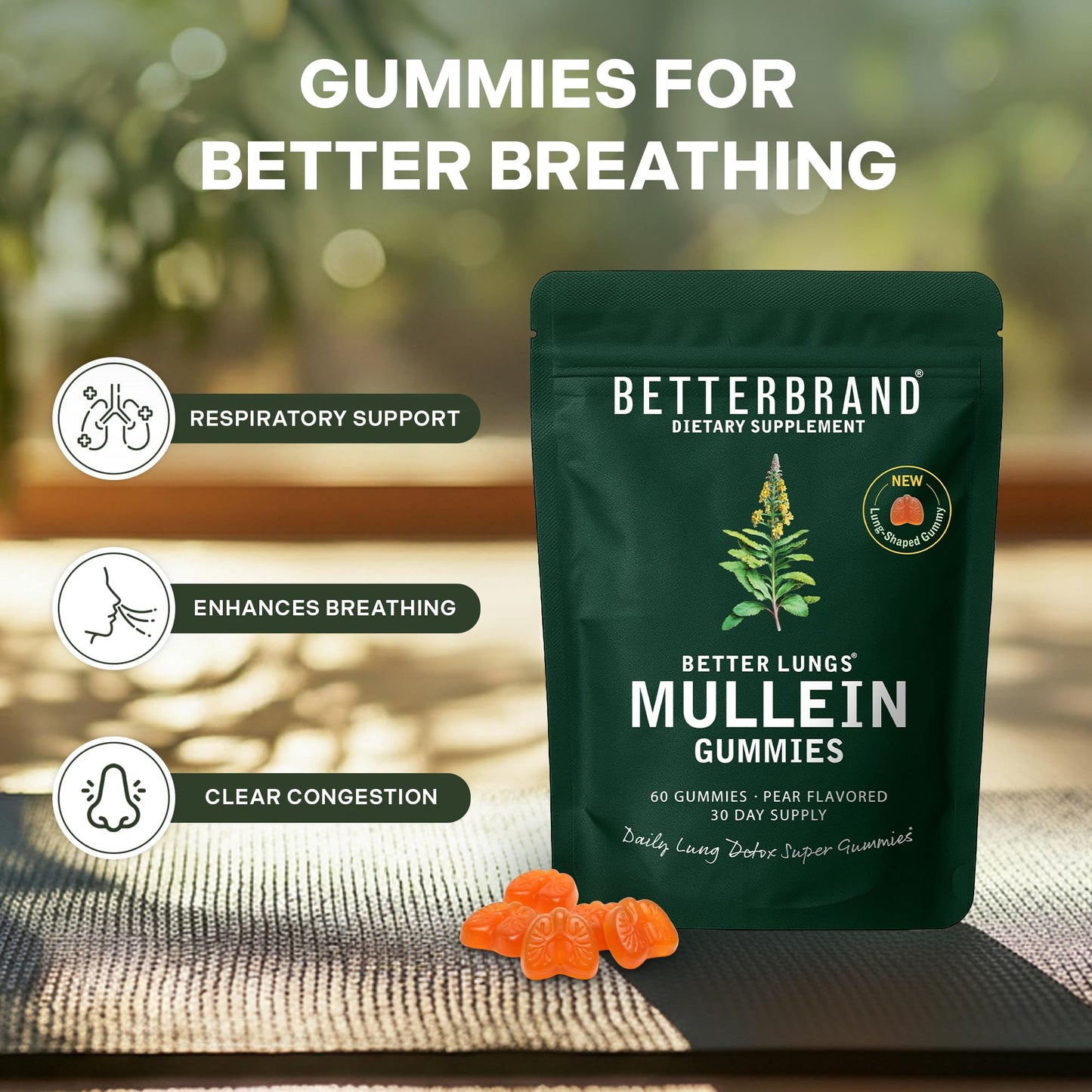 Betterbrand Mullein Chewable Gummies for Lung Cleanse and Detox, Respiratory Health Supplement, 2000mg Mullein Extract per Serving, 50:1 Extract - 30 Day Supply - Pear Flavored
