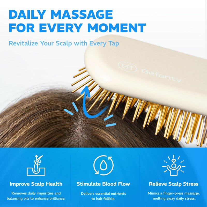 Befanty 24K Gold Plated Gua Sha Hairbrush & Scalp Massager, Anti-Static Metal Bristle Comb for Dry & Wet Brush, Detangler & Curly Hair Brushes for Women & Men