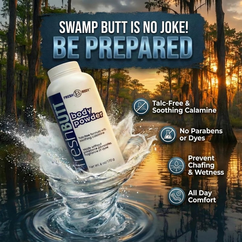 Fresh Butt Body Powder for Men & Women - Talc-Free with Calamine for Friction Fighting, Anti-Chafing, Anti-Itch, Odor & Sweat Absorbing, Unscented, 6oz
