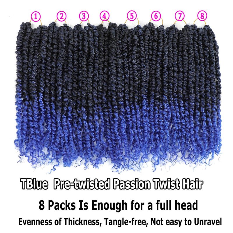 Bestlove Blue Pre-twisted Passion Twist Crochet Hair 14 Inch 8 Packs Pre-looped Bohemian Curly End Synthetic Braiding Hair Extensions, Low Temperature Soft Twist Braids for Black Women (T1B/Blue)