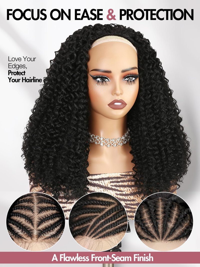 quickwig Curly Half Wig Water Wave Glueless Wigs 3 In 1 Seamless Short Half Wigs for Black Women Kinky Curly Half Wig Wear and Go Beginner Friendly Synthetic Headband Wig 16 Inch Black Color