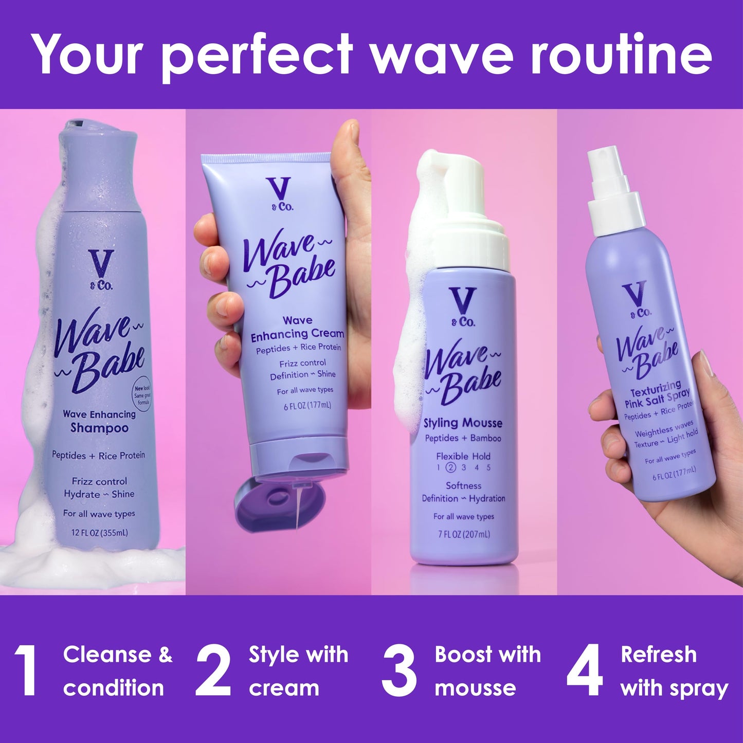 V&Co. Wave Babe Wavy Hair Shampoo, Sulfate Free & Paraben Free Hydrating Hair Care with Rice Protein & Peptides for Frizz Control & Wave Definition – 12 fl oz