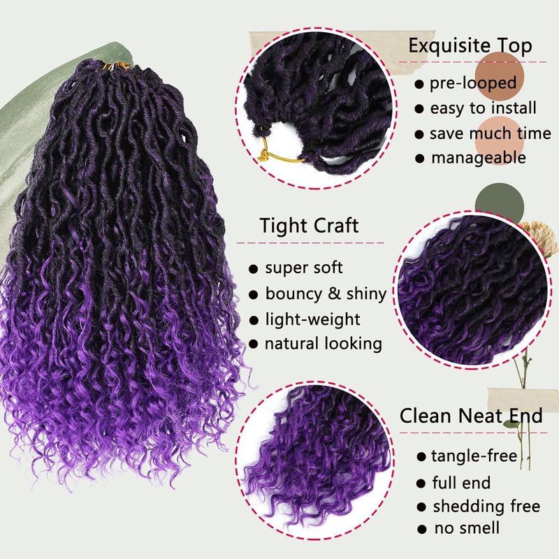 Goddess Locs Crochet Hair - 14-Inch Purple River Locs with Curly Ends | 8 Packs Synthetic Boho Braids