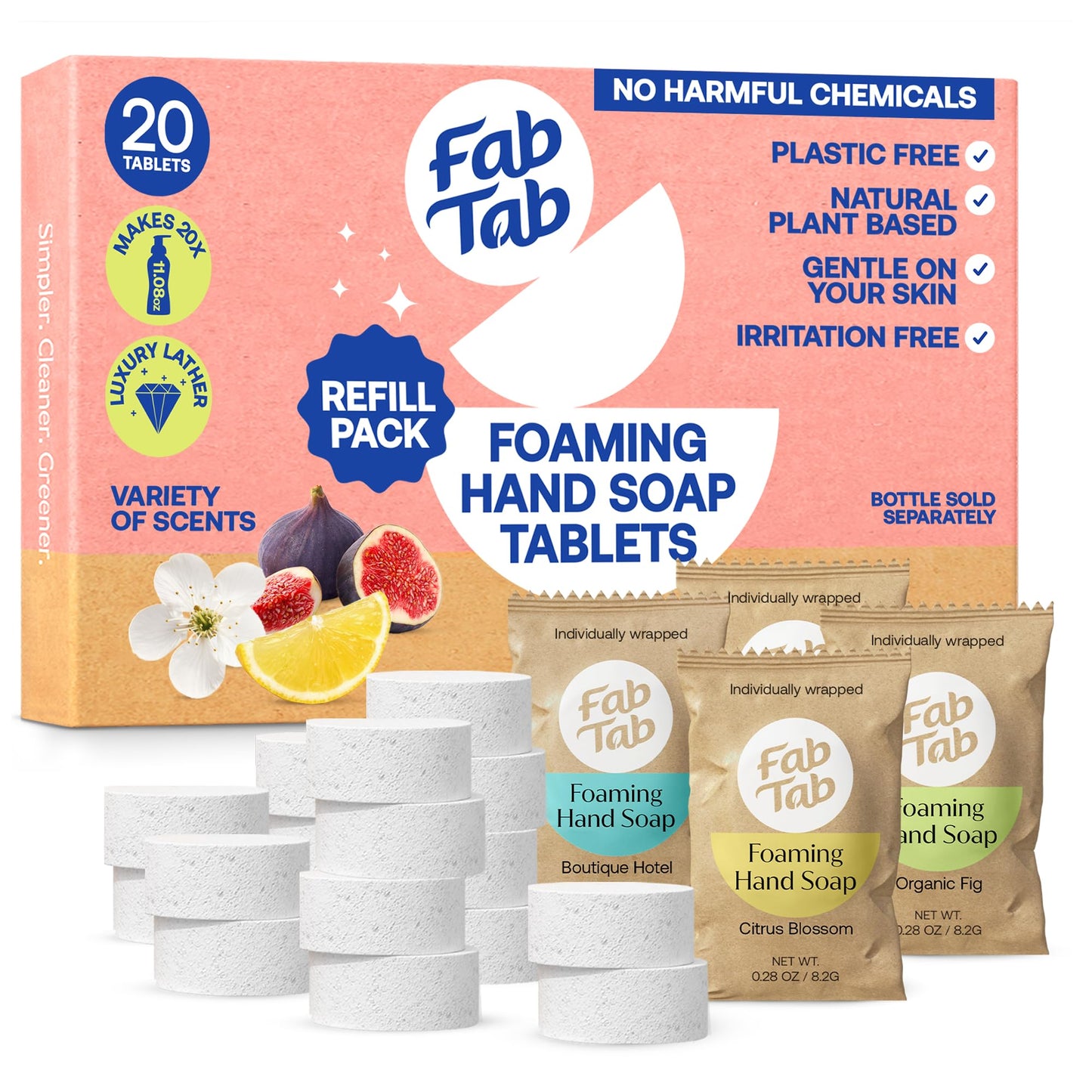 Fab Tab Foaming Hand Soap Refill Tablets, 20 Pack – Makes 238 fl oz – Plant-Based – Variety Scents (Citrus Blossom, Boutique Hotel, Pure Elegance, Organic Fig) – Works with Any Foaming Dispenser