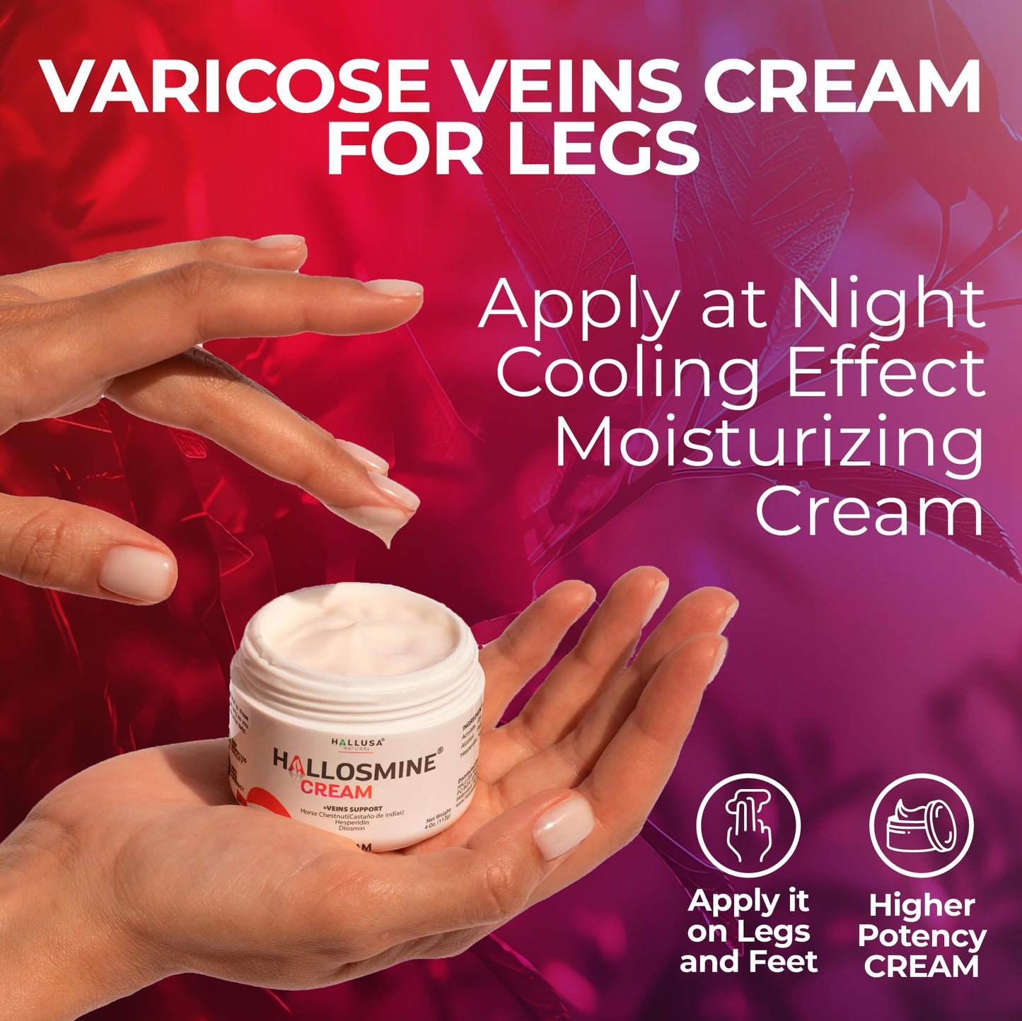 Hallusa Natural Hallosmine Leg Cream with Diosmin, Hesperidin, Horse Chestnut, Menthol & Aloe Vera | Daily Leg Comfort for Visible Veins, Swollen Feet, Ankles and Legs, 4oz (112g)