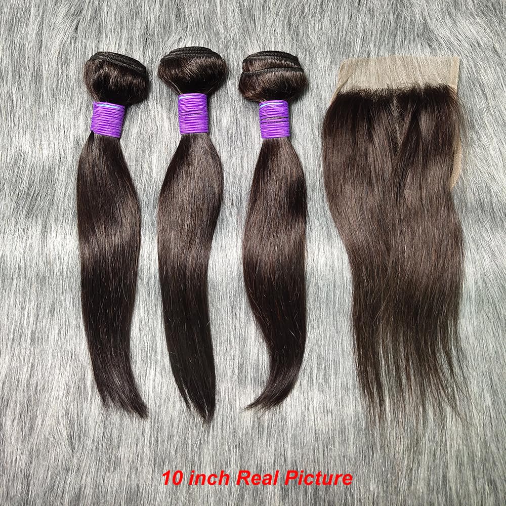 3 Bundles Human Hair with Closure Straight 100% Unprocessed Virgin Brazilian Hair Weave with 4x4 Lace Closure Free Part Double Weft 10A Hair Extensions Natural Black Color (8" 8" 8" + 8" Closure)