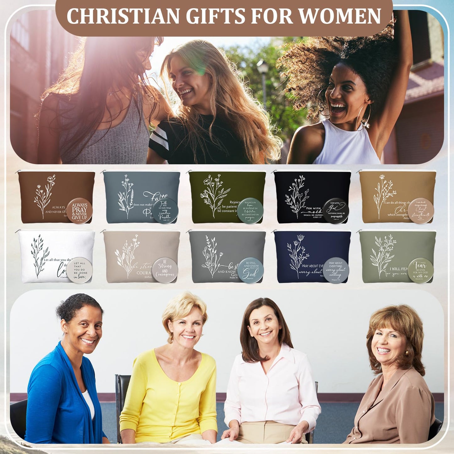 Reginary 20 Set Christian Inspirational Gifts for Women Bulk 20 Religious Canvas Makeup Bag 20 Bible Verse Compact Mirror Motivational Church Scripture Gifts for Ladies(Neutral Colors,Aesthetic Style)