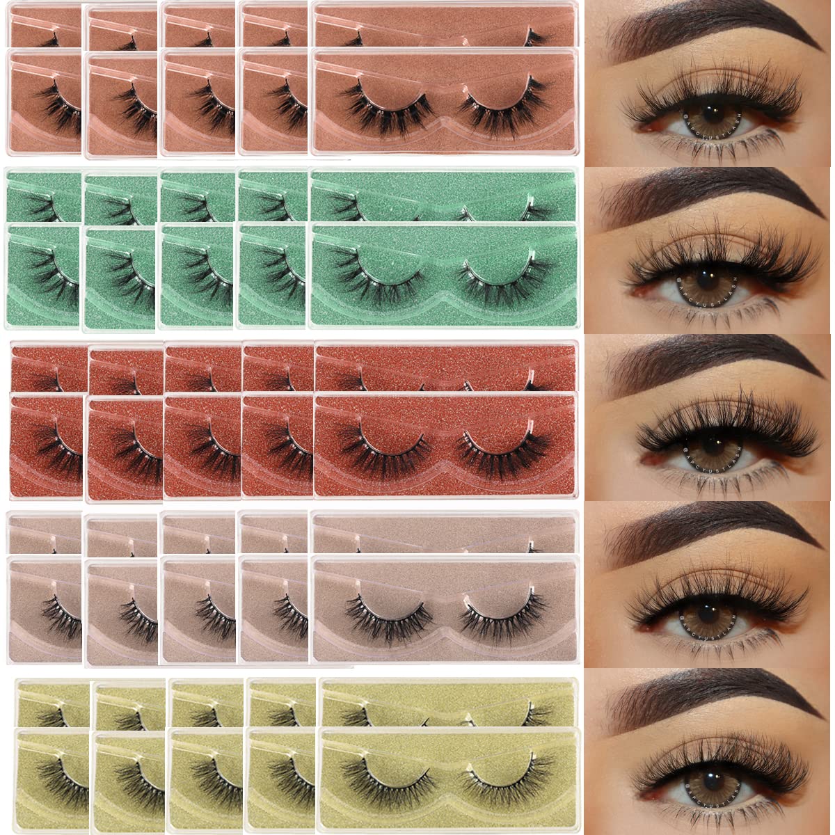 Fluffy Mink Eyelashes - 50 Pairs 5D Faux Mink Short Cat Eye Lashes | Soft Wispy Strip Lashes in Portable Pack