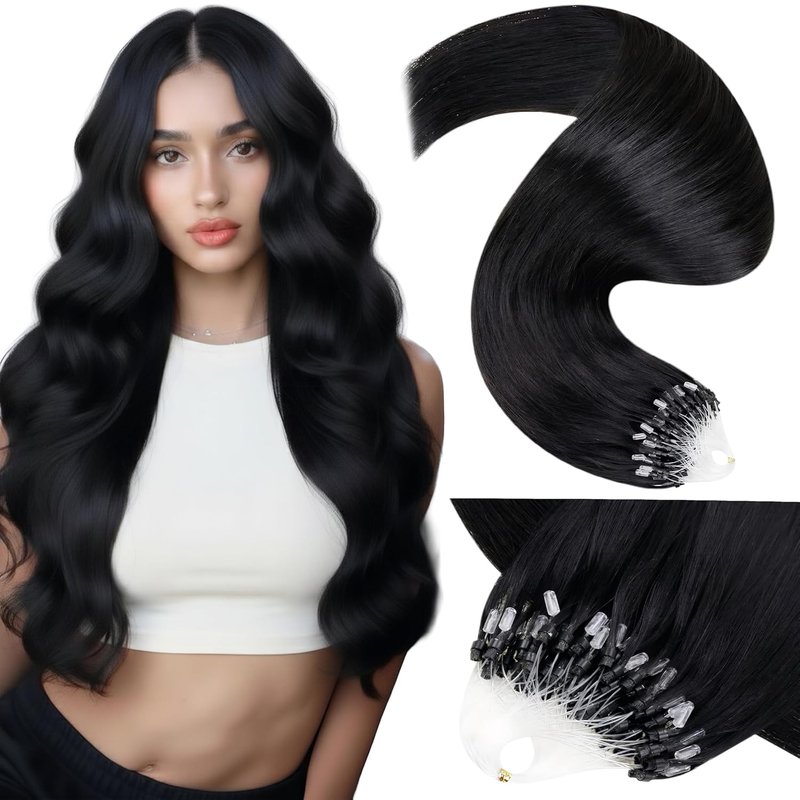 LaaVoo 18-Inch Micro Loop Hair Extensions - Black Human Hair with Keratin & Silicone Beads | 50g Stick Tip