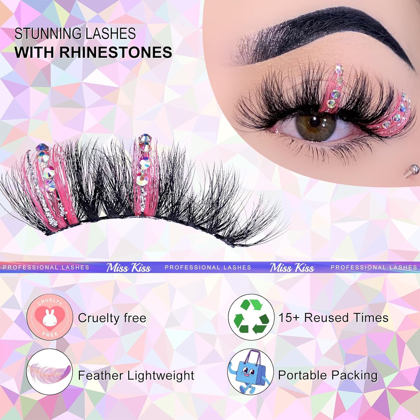 Miss Kiss Lashes - Pink Rhinestone False Eyelashes | Reusable Fairy Faux Mink 18mm