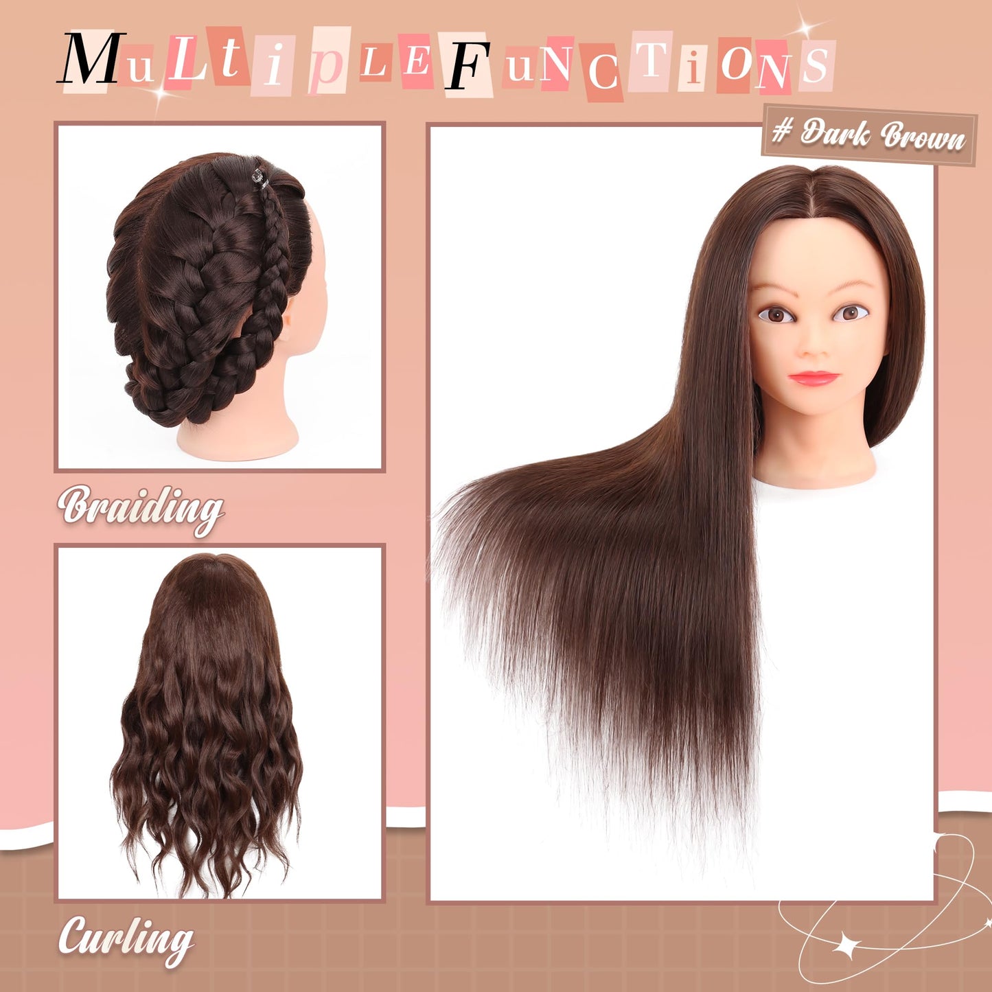Mannequin Head with Hair 80% Real Human Hair 26-28'' Cosmetology Mannequin Head for Styling Practice on Braiding Manikin Head with Clamp Stand and Tools (Dark Brown)