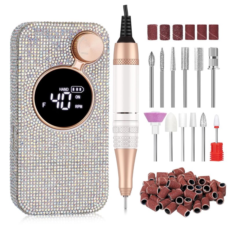 CHRISTINE SHELLY Rechargeable 40000RPM Nail Drill Sparkling Portable Professional Electric Nail File with 12 Drill Bits for Manicure Salon & Home, Glitter (AB Diamond)
