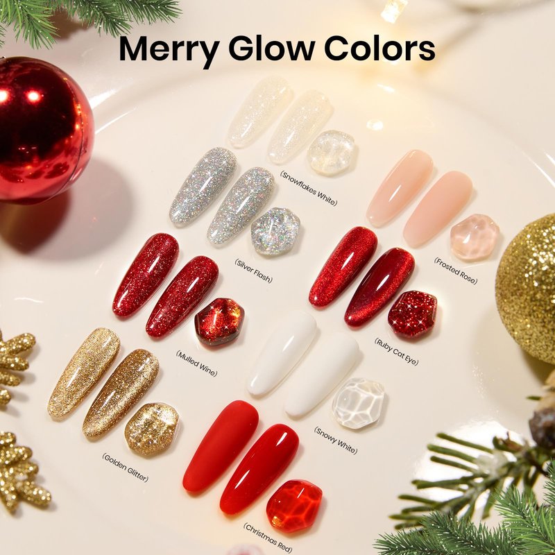 Beetles Gel Nail Polish Set - 8 Holiday Colors Gel Nail Gift Box with Base&Top Coat, Red Cat Eye White Gold Silver Nude Nail Kit, Uv Led DIY Salon Manicure Kit Beauty Gifts for Women