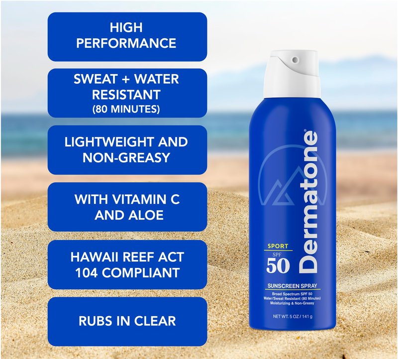 Dermatone Sport Sunscreen Spray SPF 50 | Broad Spectrum, Moisturizing, Water-Resistant | With Vitamin C, Aloe & Vitamin E | Oxybenzone & Octinoxate Free - Hawaii Act 104 Compliant | 5oz