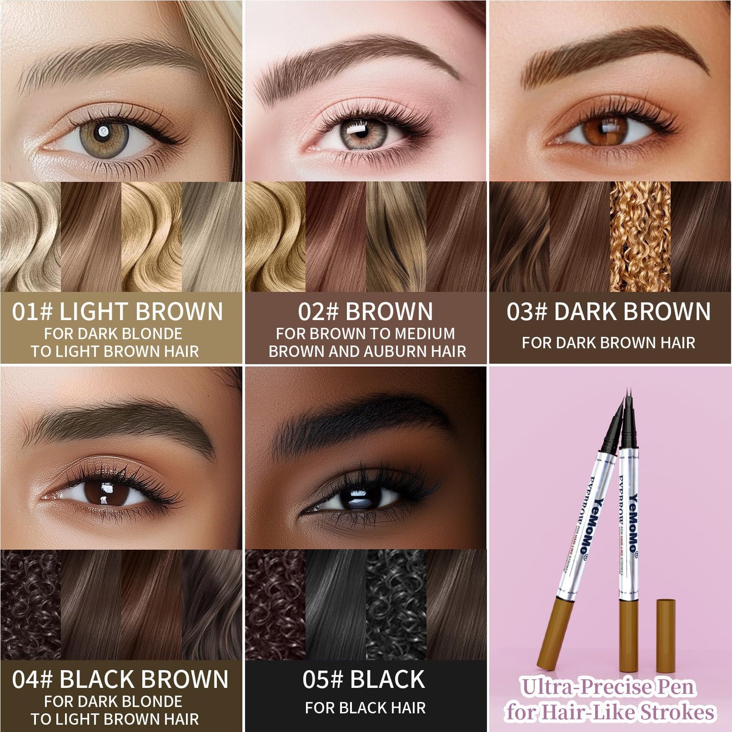 YeMoMo Dual-Tip Eyebrow Pencil, 2-in-1 Waterproof Brow Liner with Ultra-Fine Fork and Precision Tip, 5 Natural Shades from Light Brown to Black (3#Dark Brown)