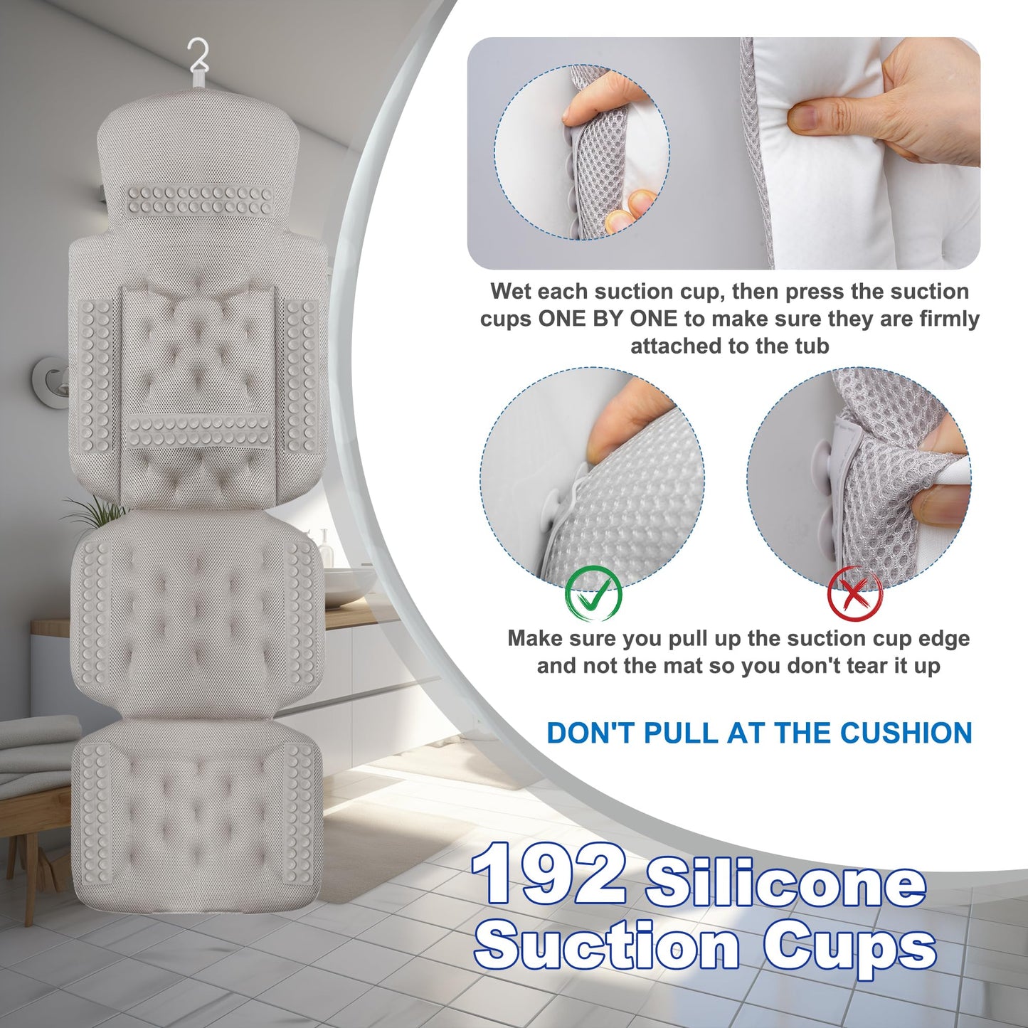Luxury Full Body Bath Pillow for Bathtub, Bath Pillows for Tub with Mesh Laundry Bag, Cushion for Bathtub Headrest Neck Back Support - 5D Air Mesh & Quick Drying | White 51" x 16"
