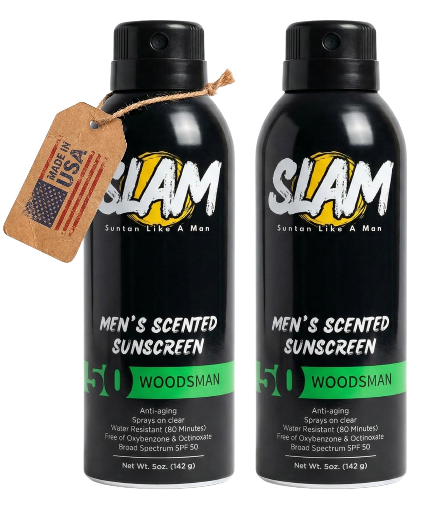 SLAM Men’s Sunscreen SPF 50 Spray - Broad Spectrum UVA/UVB Protection - Non-Greasy & No Harsh Chemicals - WoodsMan Sandalwood Teakwood Bergamot Cologne Scented - 2 Pack