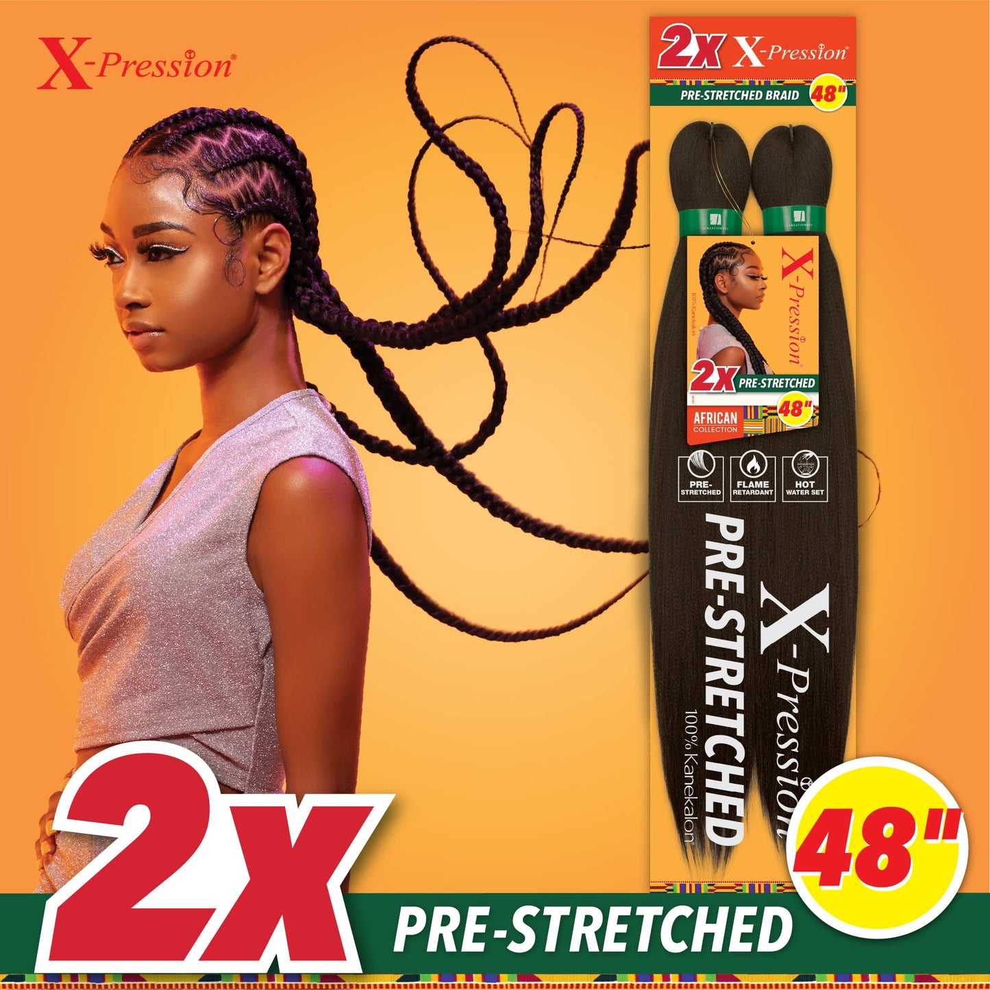 Sensationnel X-pression prestretched braiding hair - 2x braid 48 inch all kanekalon flame retardant synthetic braid for box braids and twists (4 pack, 1B OFFBLACK)